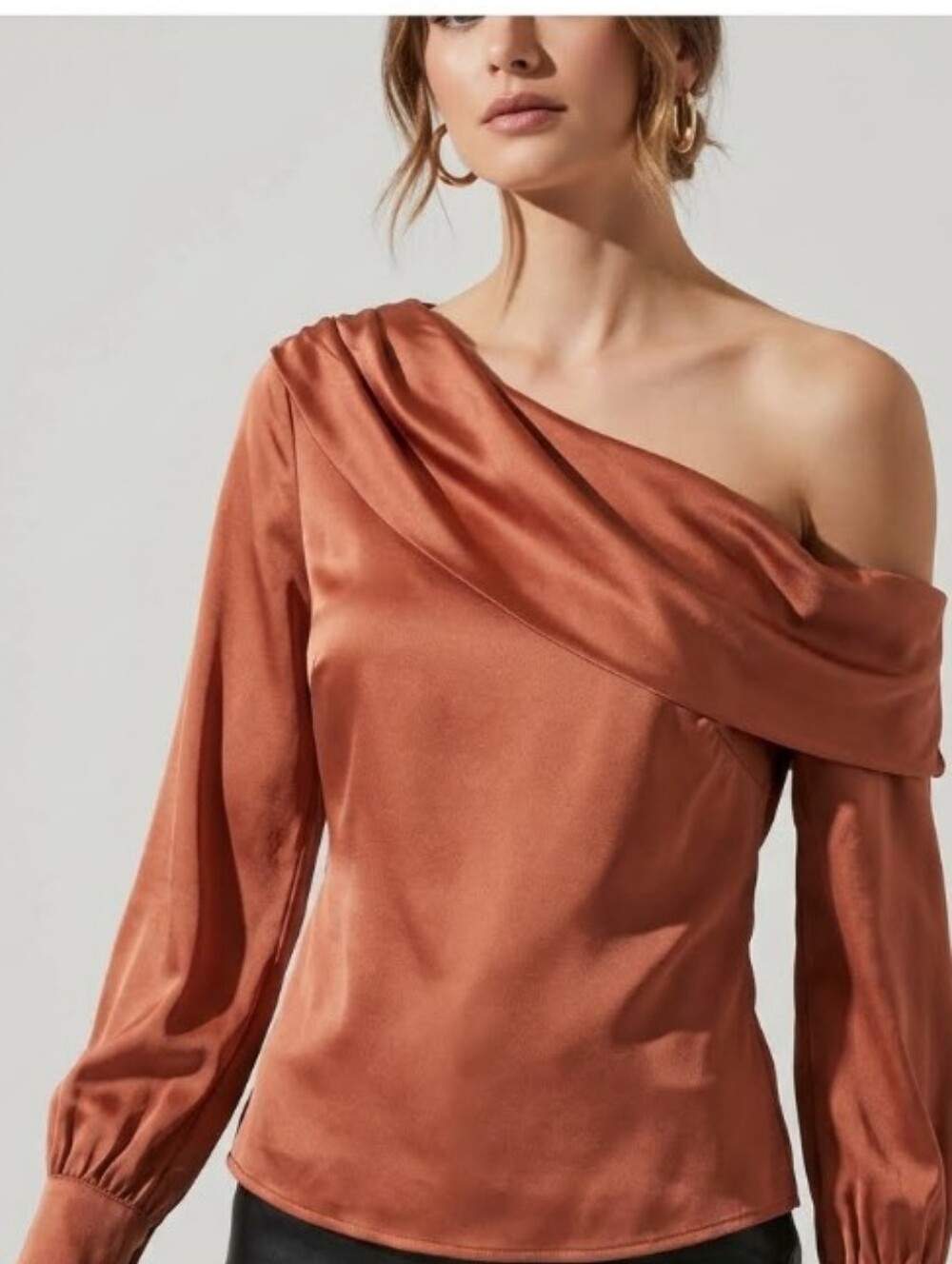 Astr Off-Shoulder Satin Blouse in Rust Copper